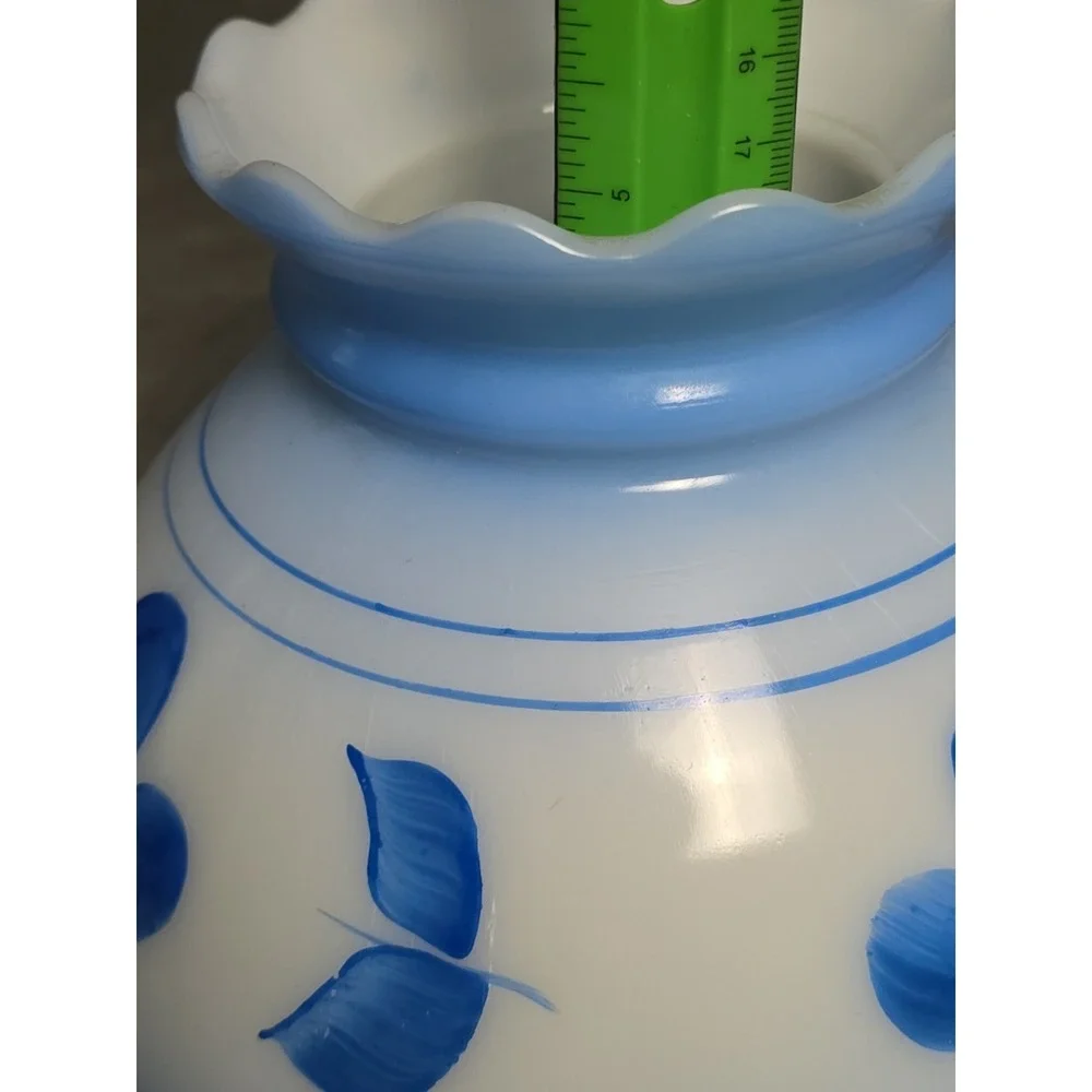 Vintage Hand Painted Milk Glass Lamp Shade Blue Floral Scalloped Edge Cabincore